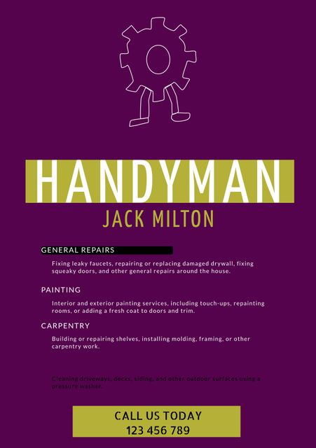 Promotional poster for a handyman offering a range of services including general repairs, painting, and carpentry. Ideal for use by local businesses, contractors, or individuals offering home improvement services. Perfect for advertising in community bulletin boards, social media, or door-to-door flyers.