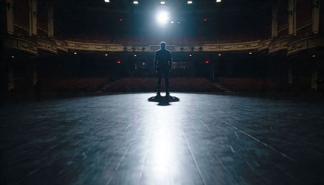 Solitary backlit actor standing center stage casting long shadow on gleaming theater floor