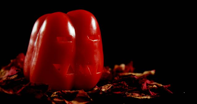 A red bell pepper is carved to resemble a jack-o'-lantern, resting on a bed of dried leaves against a dark background. The pepper's carving and presentation evoke the festive spirit of Halloween with a unique, culinary twist.