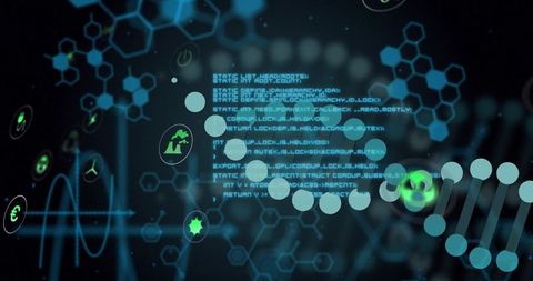 Neon DNA Helix with Code Overlay Visualizing Genetic Data and Cyber Bioinformatics