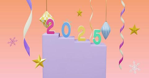 this vibrant illustration presents colorful numerals of 2025 amidst decorative stars, ribbons, and ornaments, set against a gradient pink background. perfect for use in holiday invitations, event announcements, or social media posts celebrating new year and christmas. its lively aesthetic makes it ideal for creative campaigns welcoming the year 2025, adding upbeat charm to greeting cards and festive marketing material.