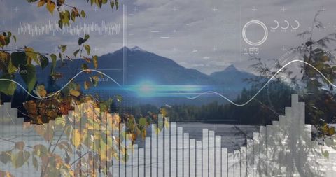 Futuristic digital interface over pictorial lakeshore with mountains