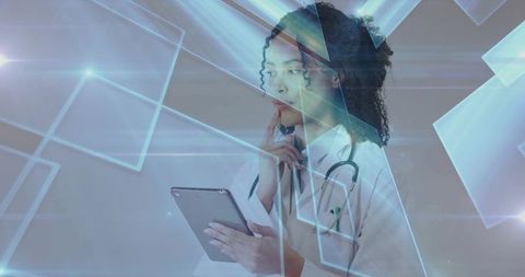 Doctor Analyzing Digital Data on Tablet in Futuristic Healthcare Setting