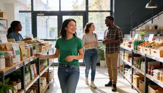 Smiling asian woman browsing sustainable grocery store shelves alongside friends and staff