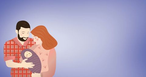 Illustration of parents cuddling newborn baby for family togetherness concept