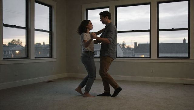 Couple dancing in empty apartment at twilight celebrating moving into new home