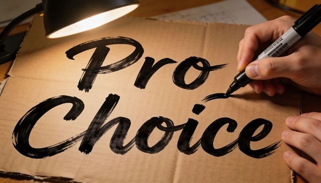 Writing pro choice on cardboard with brush marker for reproductive rights protest sign