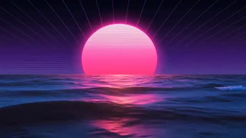 Waves Reflecting Neon Sun While Grid Lines Radiating Over Retro Futuristic Ocean