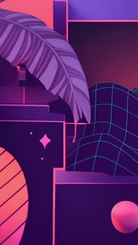 Vertical Looping Neon Leaf Swaying with Pulsing Pink Orb Vaporwave Animated Background