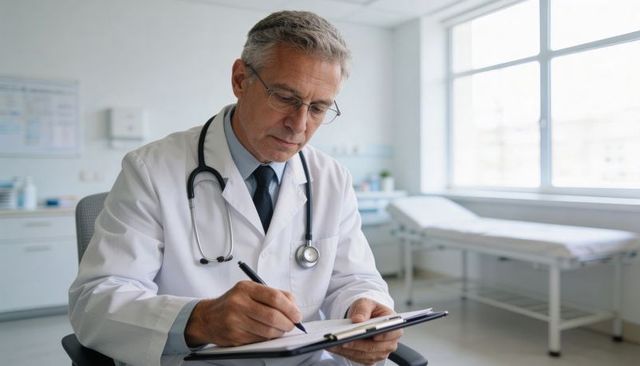 Senior physician writing patient notes on clipboard in bright clinic consultation room