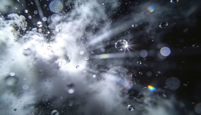 Refracting iridescent water droplets and mist with starburst light macro closeup bokeh