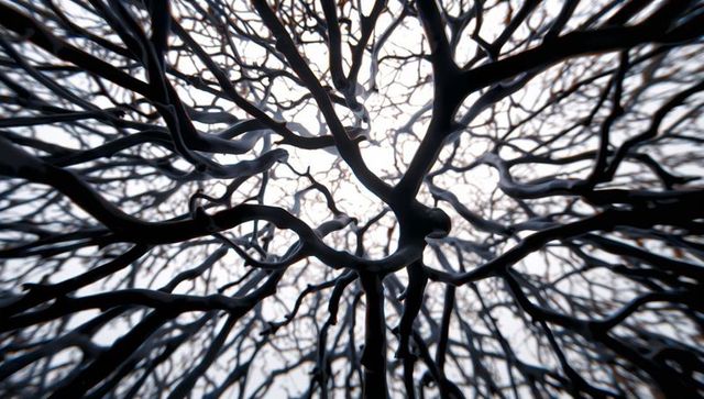 Radiating bare branches forming radial canopy with central knot and glossy highlights