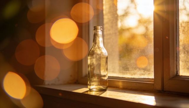 Empty glass bottle on sunlit windowsill with warm golden hour bokeh and lens flare