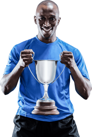 Transparent Happy Sportsman Holding Gold Trophy with Smiling Face