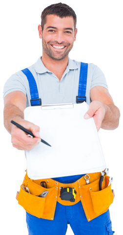 smiling handyman offering clipboard transparent background - Download Free Stock Videos Pikwizard.com