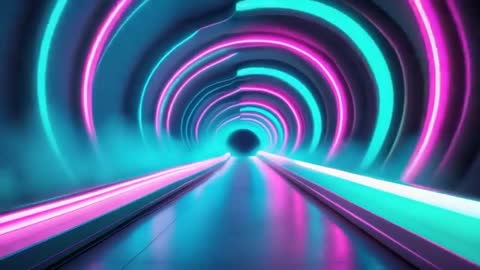 Futuristic Neon Tunnel with Electric Glowing Rings on Glossy Path