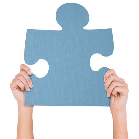 Hands lifting large puzzle piece on transparent background