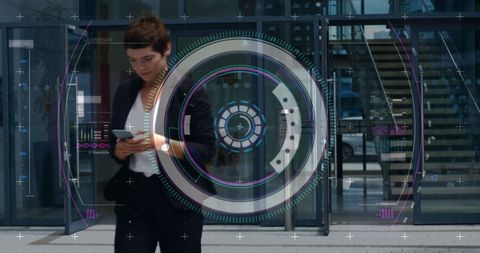 Futuristic Data Interface Hovering Over Woman Using Smartphone