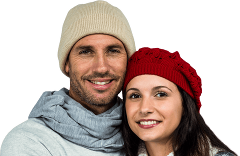 Smiling Couple in Winter Hats Close Together on Transparent Background
