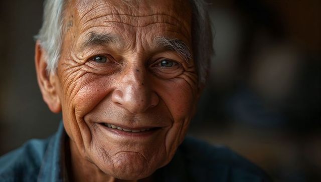 Smiling senior man with deep wrinkles and warm blue eyes close-up portrait conveying wisdom