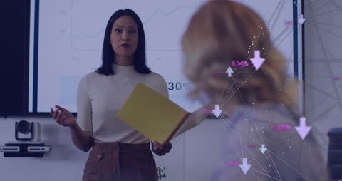 Businesswoman Leading Technological Presentation with Global Network Graphics