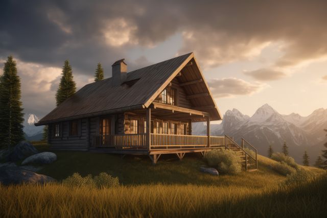 Wooden cabin in mountain landscape, created using generative ai technology. Cabin, vacation, nature and scenery concept digitally generated image.
