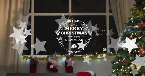 Festive Christmas Living Room with Holiday Message Overlay