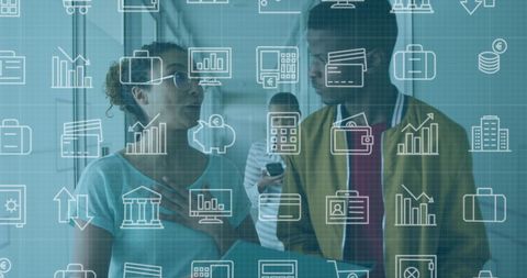 Diverse Coworkers Engaging in Techy Hallway Brainstorm