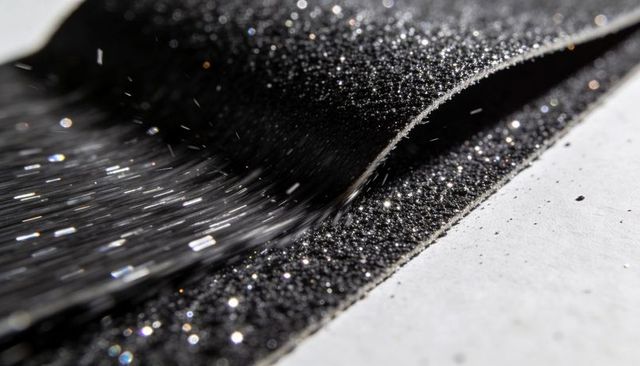 Macro curl of black glitter strip catching light, sparkling granules and bokeh texture