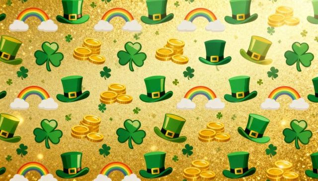 Shining st patrick's day seamless pattern featuring top hats, shamrocks and gold coins