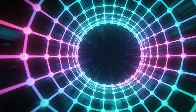 Rotating neon mesh tunnel vortex emitting cyan and magenta glowing grid lights