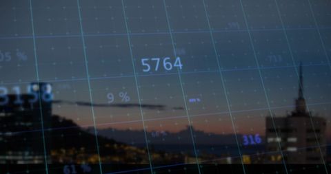 Digital data overlays future metropolis skyscraper backdrop