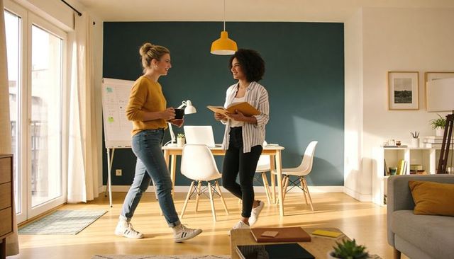Two women collaborating in bright home office with teal wall and natural light