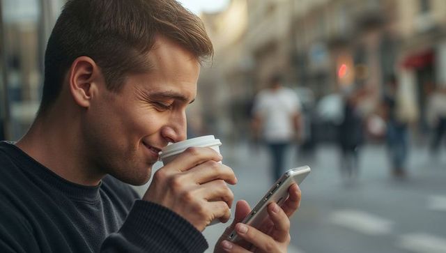 Young man checking smartphone while sipping coffee on busy city street