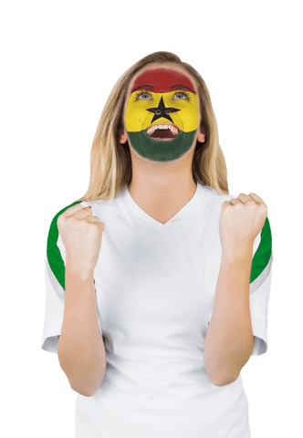 Excited Ghana Football Fan with Face Paint on a Transparent Background