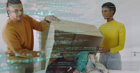 Couple Unpacking Clothes in Minimalist Apartment with Digital Code Overlay