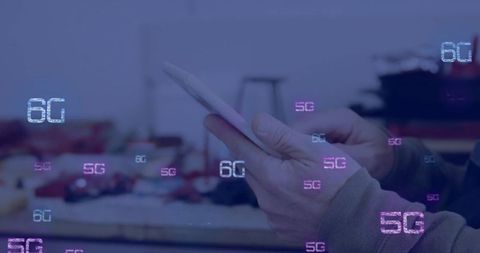 Hands Holding Smartphone Amidst 5G and 6G Telecommunication Innovations