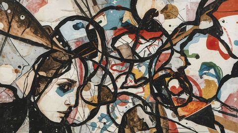 Abstract Female Portrait with Intricate Black Lines and Colorful Accents