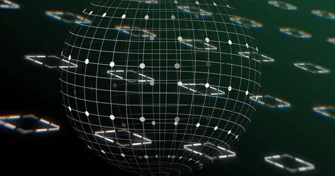 Futuristic virtual environment with spinning wireframe sphere