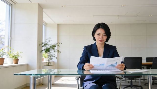 Asian businesswoman holding growth charts at modern bright office desk presenting reports