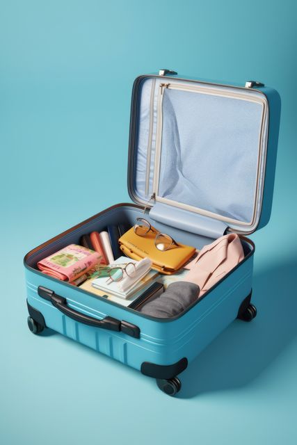 Open blue suitcase showcasing various travel essentials on a vibrant turquoise background. Contents include clothes, documents, books, and eyeglasses, showcasing careful planning and organization. This can be used for travel blogs, packing tips, tourism promotions, vacation advertisements, and travel agency marketing materials.