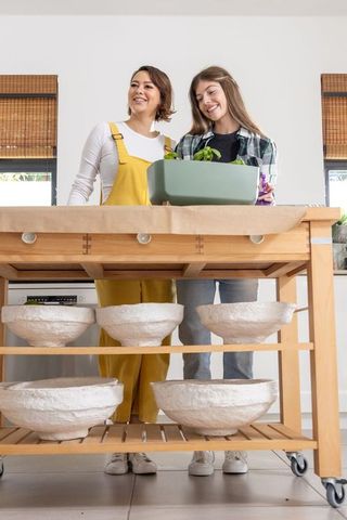 Diverse female friends planting herbs at mobile kitchen island