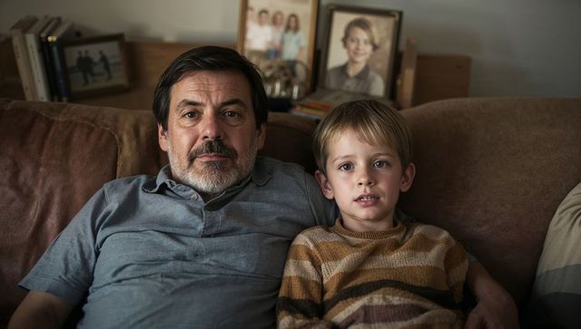 Father and Son Relaxing on Sofa Sharing Quiet Evening, Cozy Family Bonding and Home Comfort