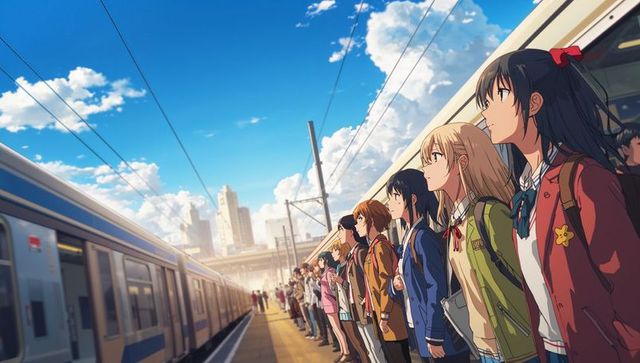 High school students standing and waiting on busy city train platform at sunrise