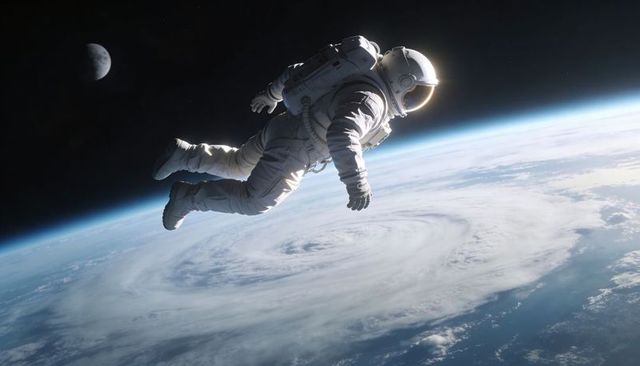 Astronaut Floating Above Earth Over Massive Swirling Cyclone Near Moon Cinematic Orbit