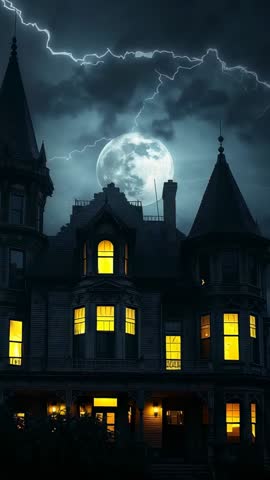 Victorian mansion lightning night vertical video, windows lighting sequentially by full moon