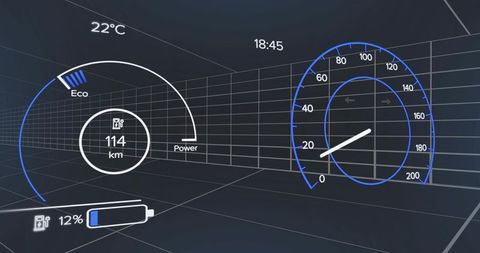 High-tech automotive display dashboard with speedometer visualization