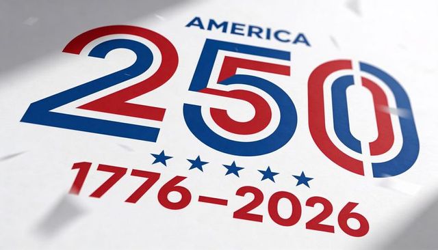 America 250 celebrating 1776-2026 patriotic anniversary typography red blue stars poster