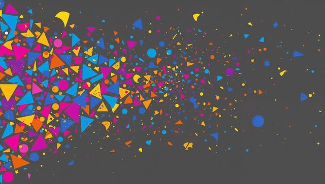 Bursting colorful geometric confetti scattering toward right on dark gray canvas