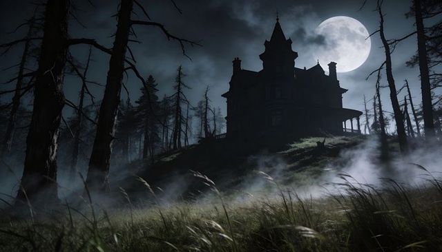 Victorian haunted manor on moonlit hill with fog and dead trees gothic night silhouette scene